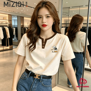 【Hạn giờ】Áo thun nữ tay ngắn, cổ chữ V nhỏ, áo nữ rộng rãi, áo lót in hình hoạt hình giả hai lớp