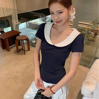 【Hạn giờ】Mẫu mới Baby Tee Phong Cách Hàn Quốc Cổ Búp Bê, Màu Sắc Tương Phản,Thở Áo Thun Ngắn