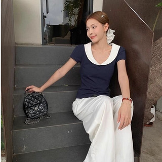 【Hạn giờ】Mẫu mới Baby Tee Phong Cách Hàn Quốc Cổ Búp Bê, Màu Sắc Tương Phản,Thở Áo Thun Ngắn