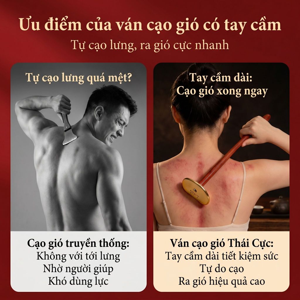 Dụng cụ cạo gió bằng đồng đúc Thái Cực tay cầm dài – Hỗ trợ tự massage lưng, vai gáy, thông kinh lạc, giảm mỏi cơ, đau nhức xương khớp.