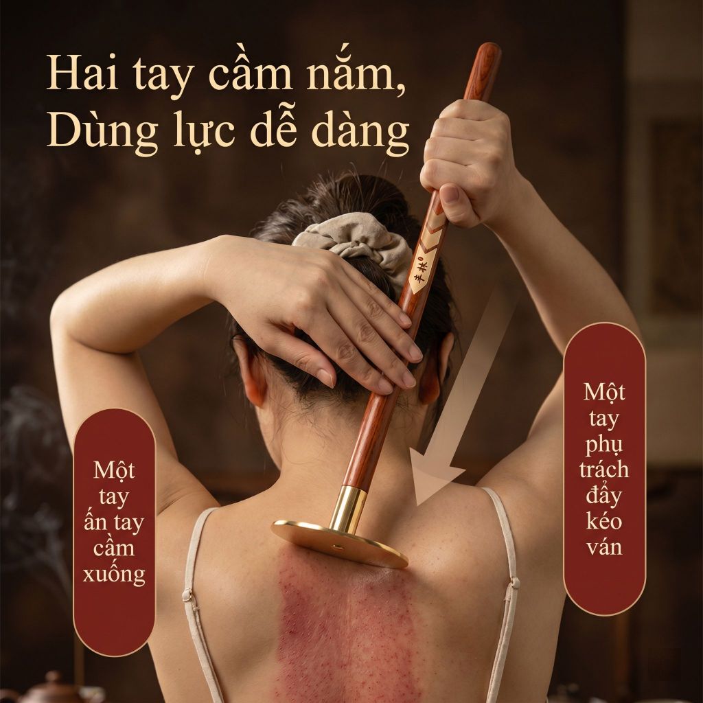 Dụng cụ cạo gió bằng đồng đúc Thái Cực tay cầm dài – Hỗ trợ tự massage lưng, vai gáy, thông kinh lạc, giảm mỏi cơ, đau nhức xương khớp.