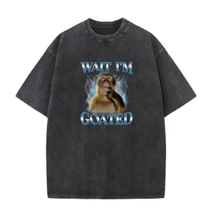 Chờ Tôi Đi Định Ngộ nghĩnh Khỉ Cotton Áo nam Mùa Hè Rửa Vintage Áo Thun Xu Hướng Tee Kích Thước Lớn In Áo