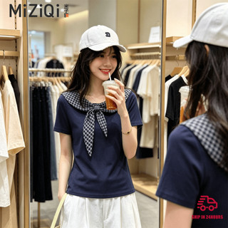 【MIZIQI】 Áo thun ngắn tay có dây buộc khí chất dành cho nữ, Áo thun mỏng hơn có dây buộc mùa hè