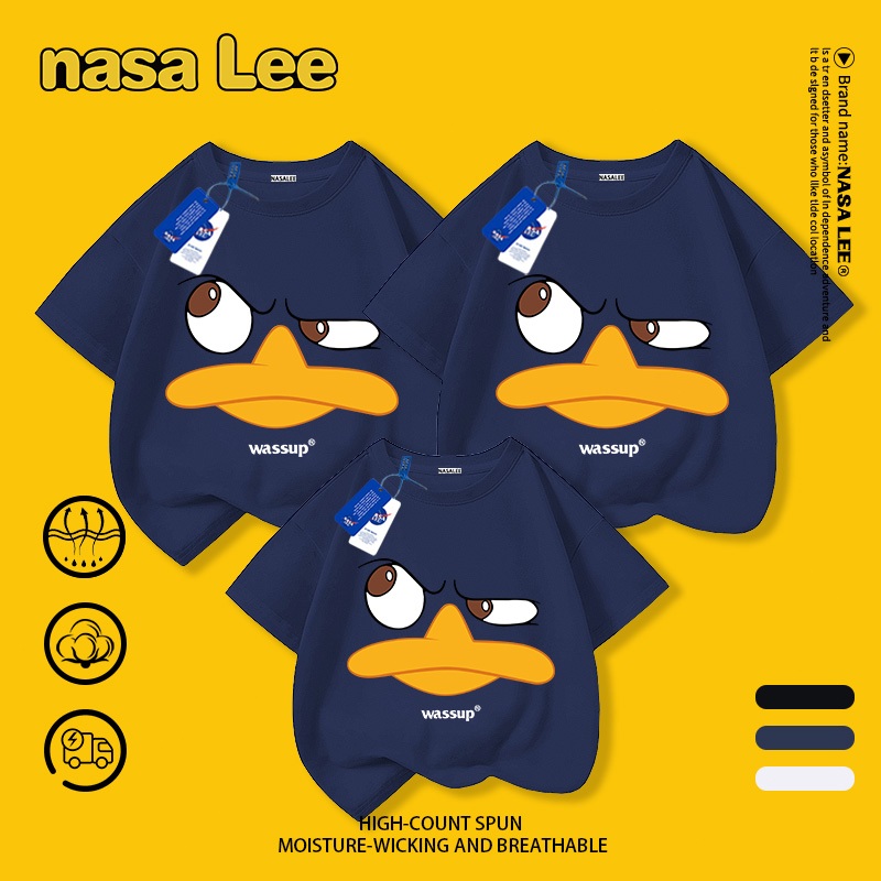 [Giao hàng trong ngày] NASA Bố mẹ và Con cái Mặc Cotton nguyên chất màu trắng thoáng khí Gia đình cổ tròn ba bộ hoạt hình dễ thương Áo thun in họa tiết vịt ngộ nghĩnh Tay ngắn du lịch dự tiệc gia đình