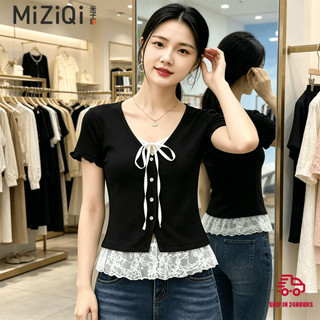 【MIZIQI】Áo thun ngắn tay ren hai mảnh giả phong cách Hàn Quốc dành cho nữ, Áo ngắn ôm mùa hè