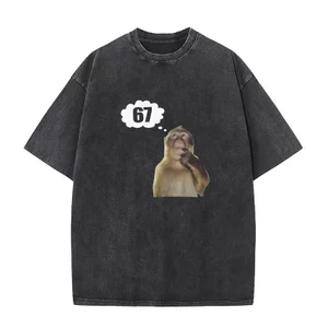 Nam Tư Duy Khỉ Ngộ nghĩnh Meme Sáu Bảy 6 7 Áo Cotton Nguyên Chất Quần Áo Hipster Rửa Vintage Tay Ngắn Cổ Tròn Áo Thun Mùa Hè