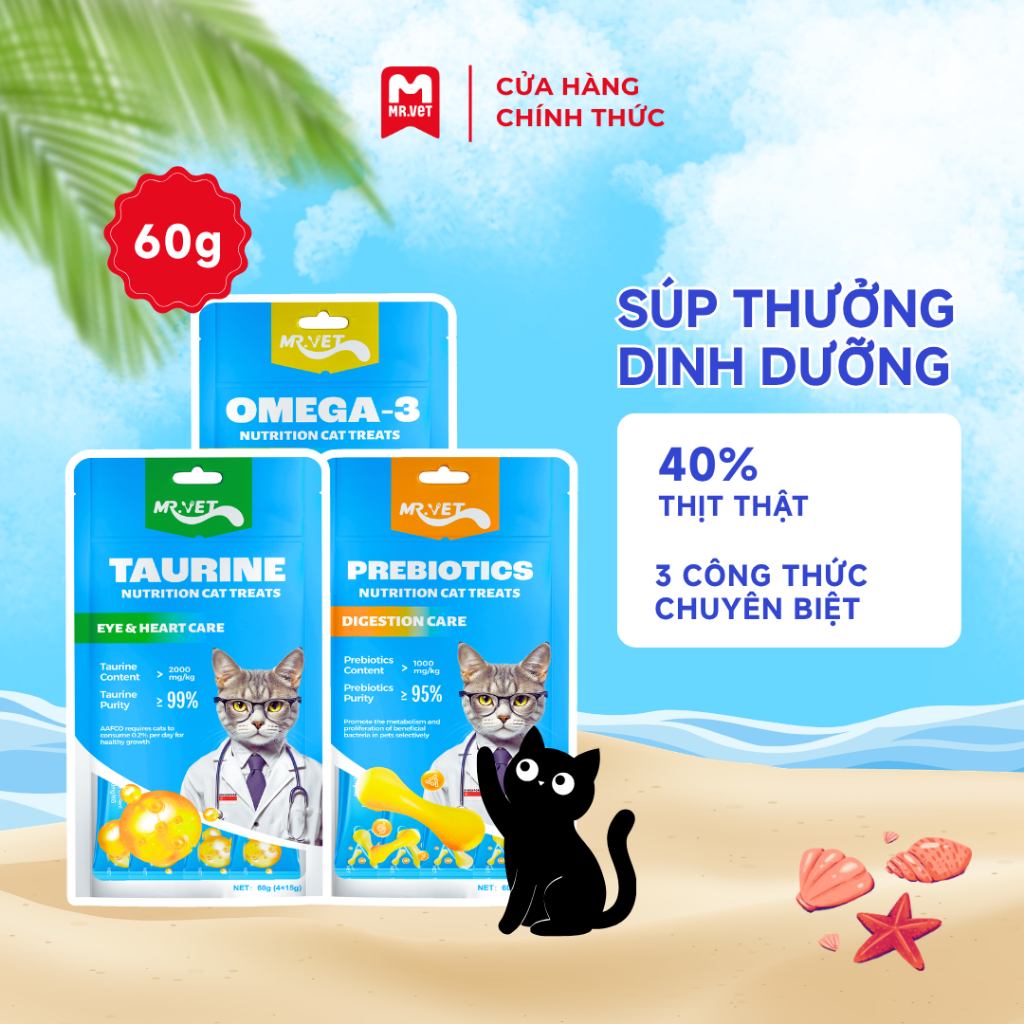 Súp Thưởng Cho Mèo MRVET Bổ Sung Omega 3, Prebiotics, Taurine Hỗ Trợ Tiêu Hóa Và Sức Khỏe Tim Mạch