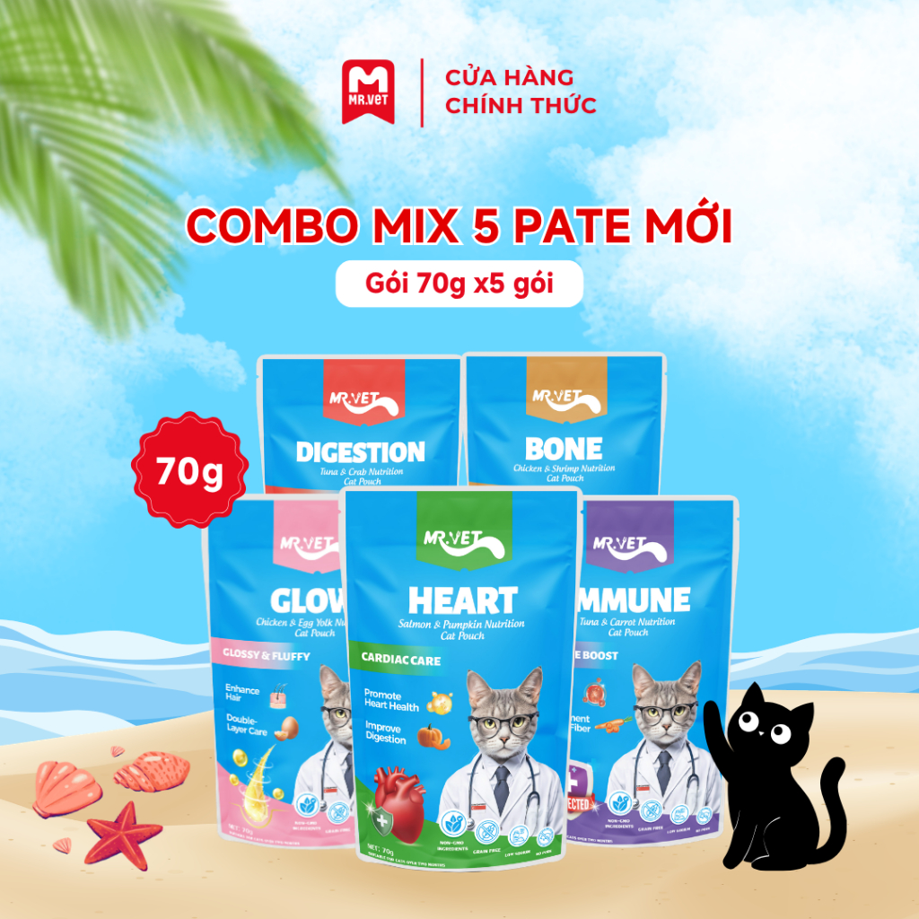 [MỚI] COMBO MIX 5 Pate Dinh Dưỡng Mrvet Gói 70G Hỗ Trợ Tim Mạch, Tiêu Hóa, Xương Khớp, Hệ Miễn Dịch, Da Lông
