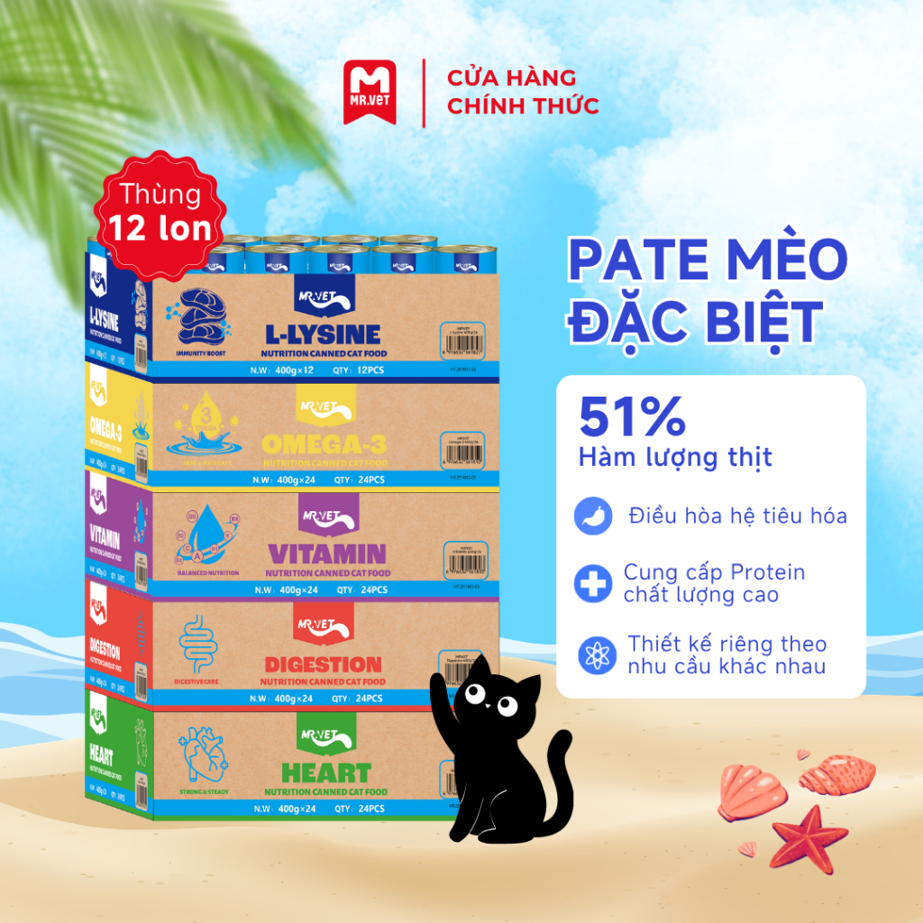 Thức Ăn Cho Mèo MRVET Dạng Pate Combo 6, 12, 24 Lon 400G Sáng Mắt, Mượt Lông, Tăng Sức Đề Kháng