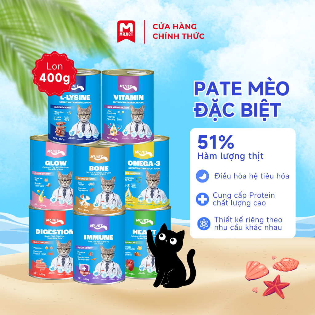 Thức Ăn Cho Mèo MRVET Dạng Pate Lon 400G Tăng Sức Đề Kháng, Tiêu Hóa Khoẻ, Sáng Mắt, Mượt Lông