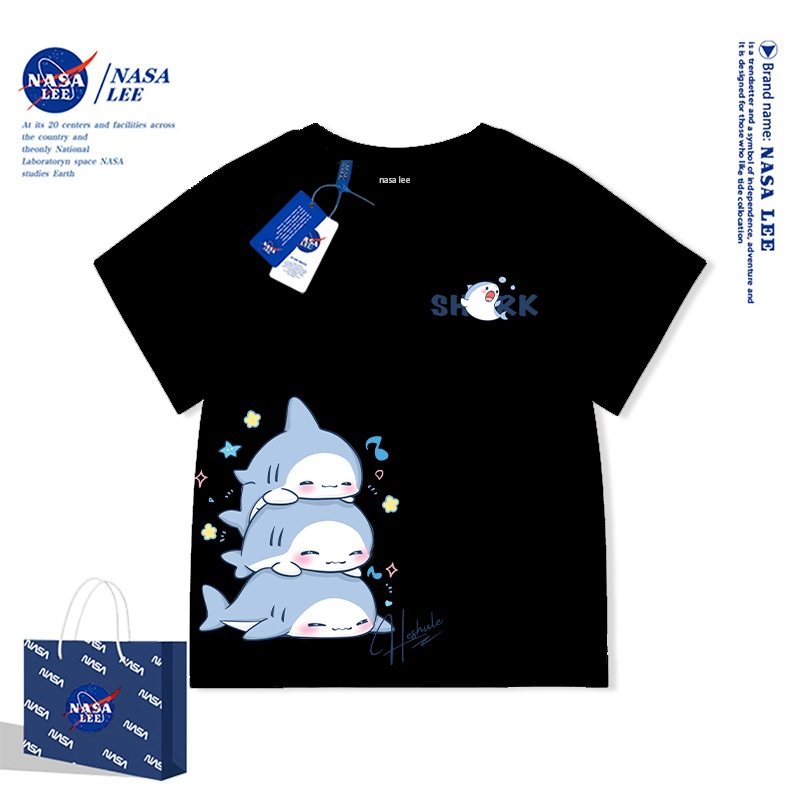 NASALEE Kẻ sọc đối màu kinh điển - Họa tiết cá mập tối giản cao cấp - Áo thun ngắn tay trẻ em