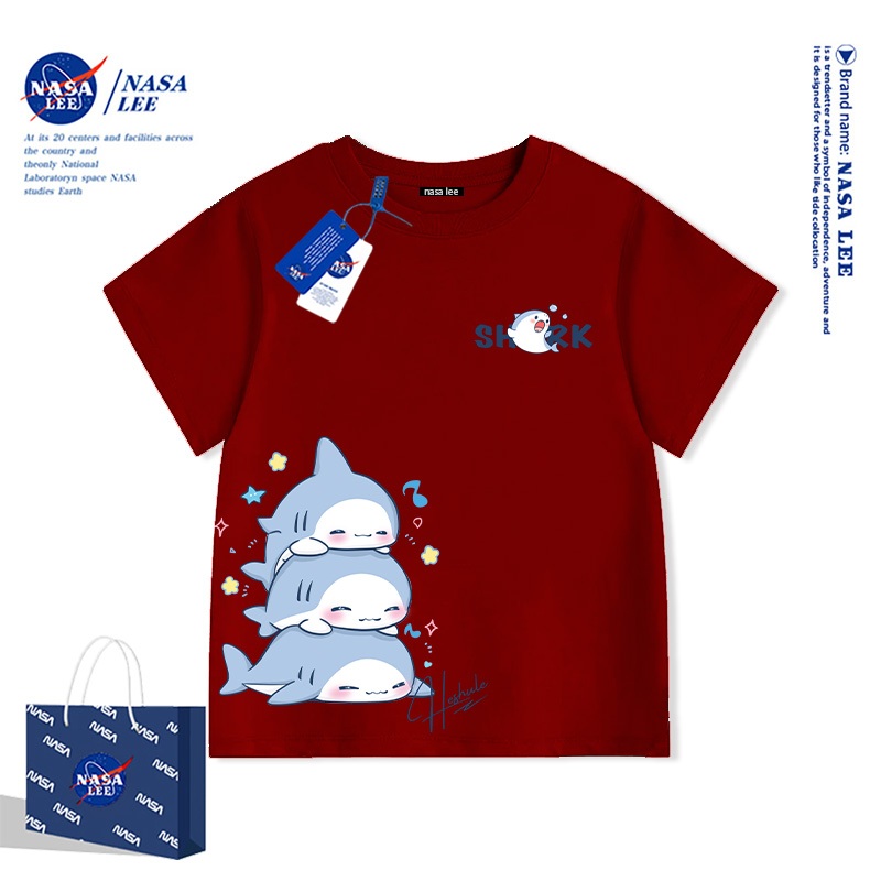 NASALEE Kẻ sọc đối màu kinh điển - Họa tiết cá mập tối giản cao cấp - Áo thun ngắn tay trẻ em