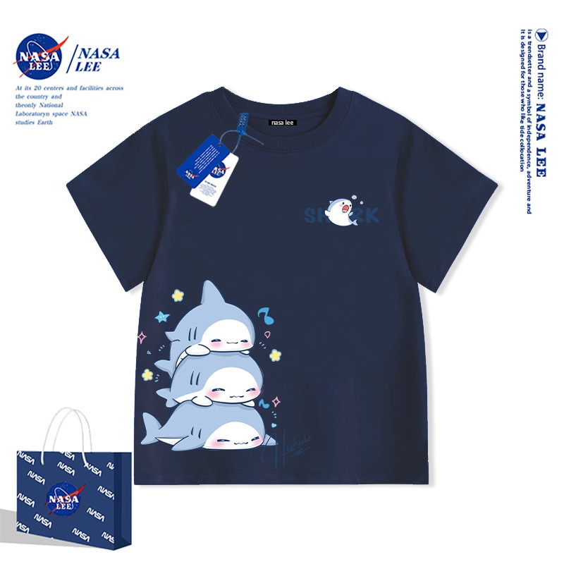 NASALEE Kẻ sọc đối màu kinh điển - Họa tiết cá mập tối giản cao cấp - Áo thun ngắn tay trẻ em