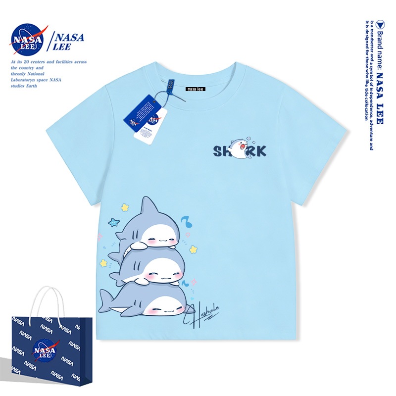 NASALEE Kẻ sọc đối màu kinh điển - Họa tiết cá mập tối giản cao cấp - Áo thun ngắn tay trẻ em