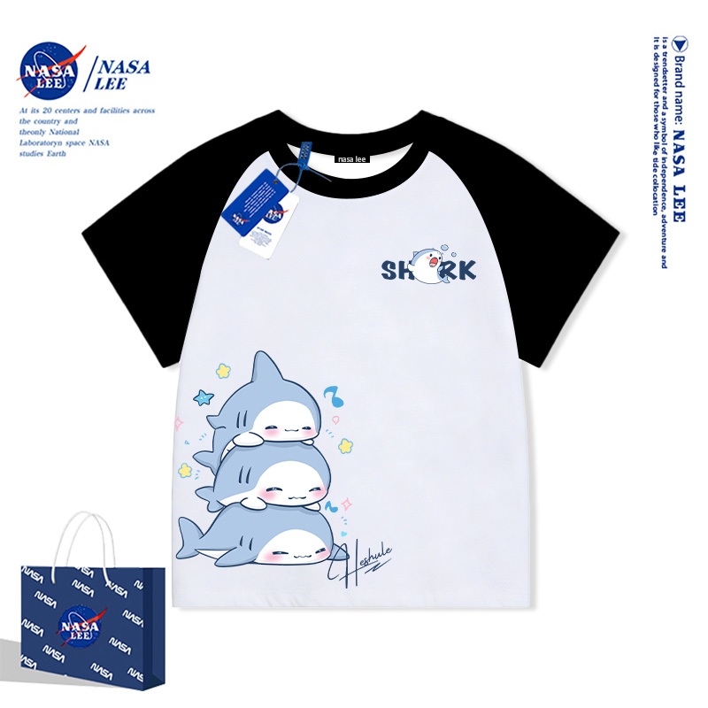 NASALEE Kẻ sọc đối màu kinh điển - Họa tiết cá mập tối giản cao cấp - Áo thun ngắn tay trẻ em