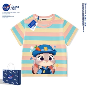 Hợp tác Zootopia - Họa tiết Thỏ Judy Cảnh sát trên nền sọc cầu vồng - Áo thun ngắn tay trẻ em thoải mái - Mùa hè mới