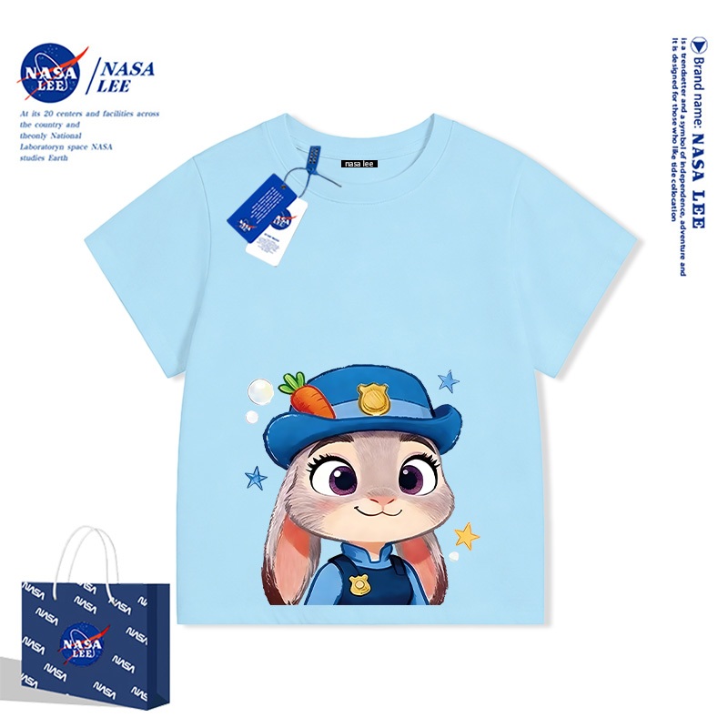 Hợp tác Zootopia - Họa tiết Thỏ Judy Cảnh sát trên nền sọc cầu vồng - Áo thun ngắn tay trẻ em thoải mái - Mùa hè mới