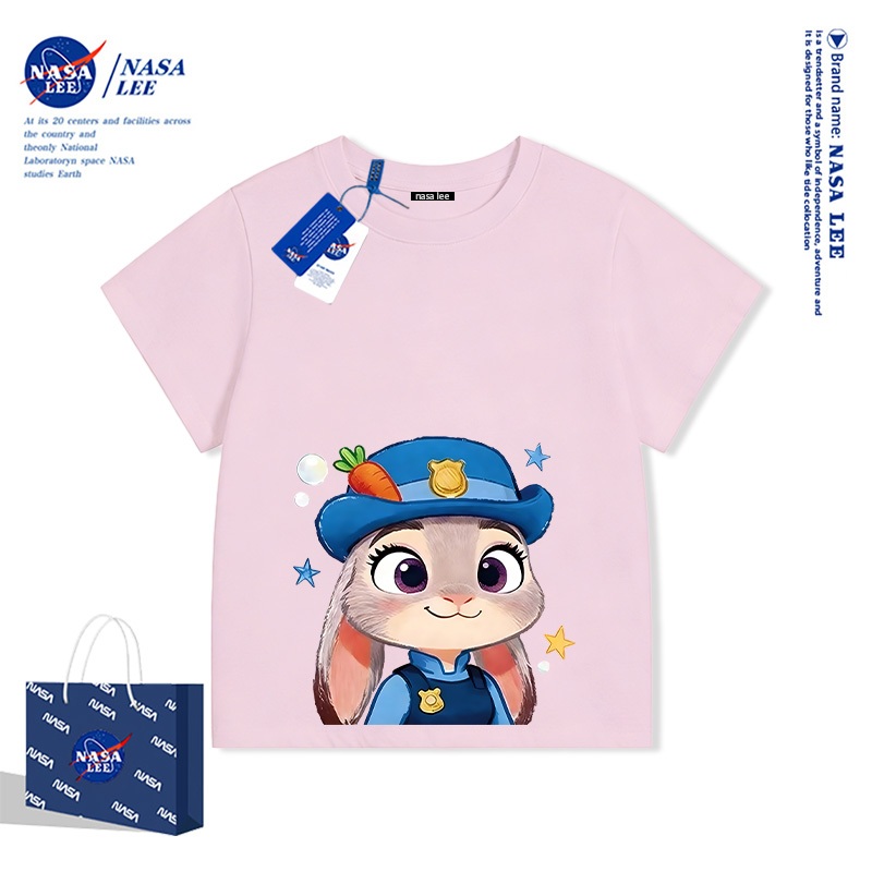 Hợp tác Zootopia - Họa tiết Thỏ Judy Cảnh sát trên nền sọc cầu vồng - Áo thun ngắn tay trẻ em thoải mái - Mùa hè mới