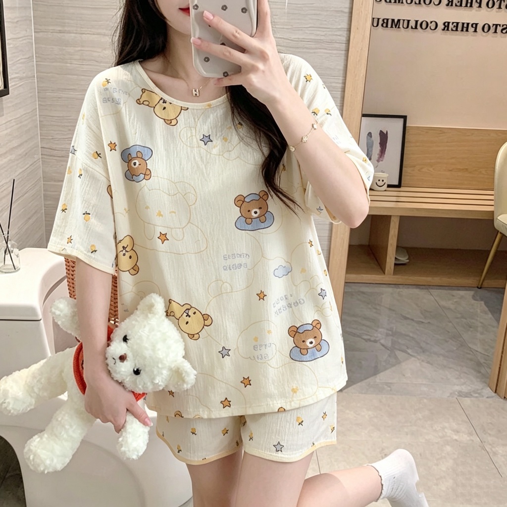 【Bông 100%】Bộ đồ ngủ mùa hè mỏng nhẹ – Cổ tròn rộng rãi thoải mái – Áo tay ngắn + quần short – Giá tốt – Đồ mặc nhà / đồ ngủ nữ