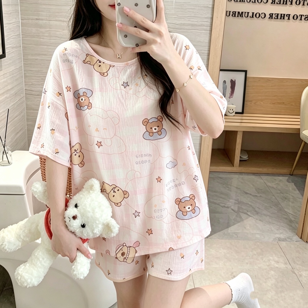 【Bông 100%】Bộ đồ ngủ mùa hè mỏng nhẹ – Cổ tròn rộng rãi thoải mái – Áo tay ngắn + quần short – Giá tốt – Đồ mặc nhà / đồ ngủ nữ