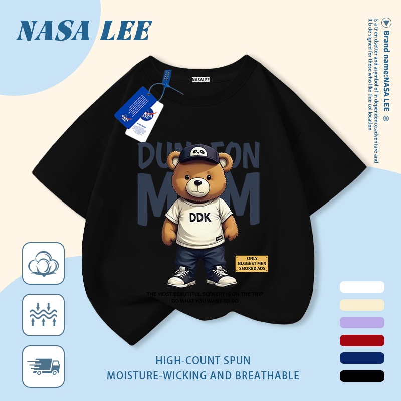 [Giao hàng trong ngày] Áo thun Cotton trắng nguyên chất thoáng khí cho trẻ em NASA Phim hoạt hình Gấu dễ thương In hợp thời trang 3-16 tuổi Bé trai bé gái tay ngắn thông thường
