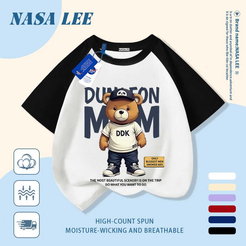 [Giao hàng trong ngày] Áo thun Cotton trắng nguyên chất thoáng khí cho trẻ em NASA Phim hoạt hình Gấu dễ thương In hợp thời trang 3-16 tuổi Bé trai bé gái tay ngắn thông thường