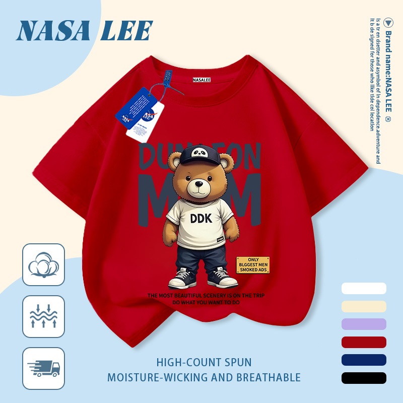 [Giao hàng trong ngày] Áo thun Cotton trắng nguyên chất thoáng khí cho trẻ em NASA Phim hoạt hình Gấu dễ thương In hợp thời trang 3-16 tuổi Bé trai bé gái tay ngắn thông thường