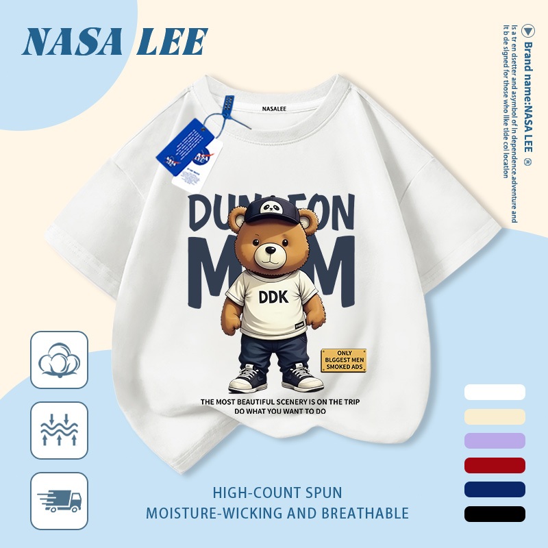 [Giao hàng trong ngày] Áo thun Cotton trắng nguyên chất thoáng khí cho trẻ em NASA Phim hoạt hình Gấu dễ thương In hợp thời trang 3-16 tuổi Bé trai bé gái tay ngắn thông thường