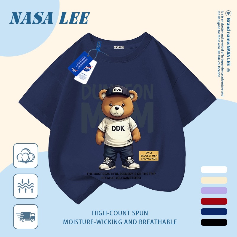 [Giao hàng trong ngày] Áo thun Cotton trắng nguyên chất thoáng khí cho trẻ em NASA Phim hoạt hình Gấu dễ thương In hợp thời trang 3-16 tuổi Bé trai bé gái tay ngắn thông thường