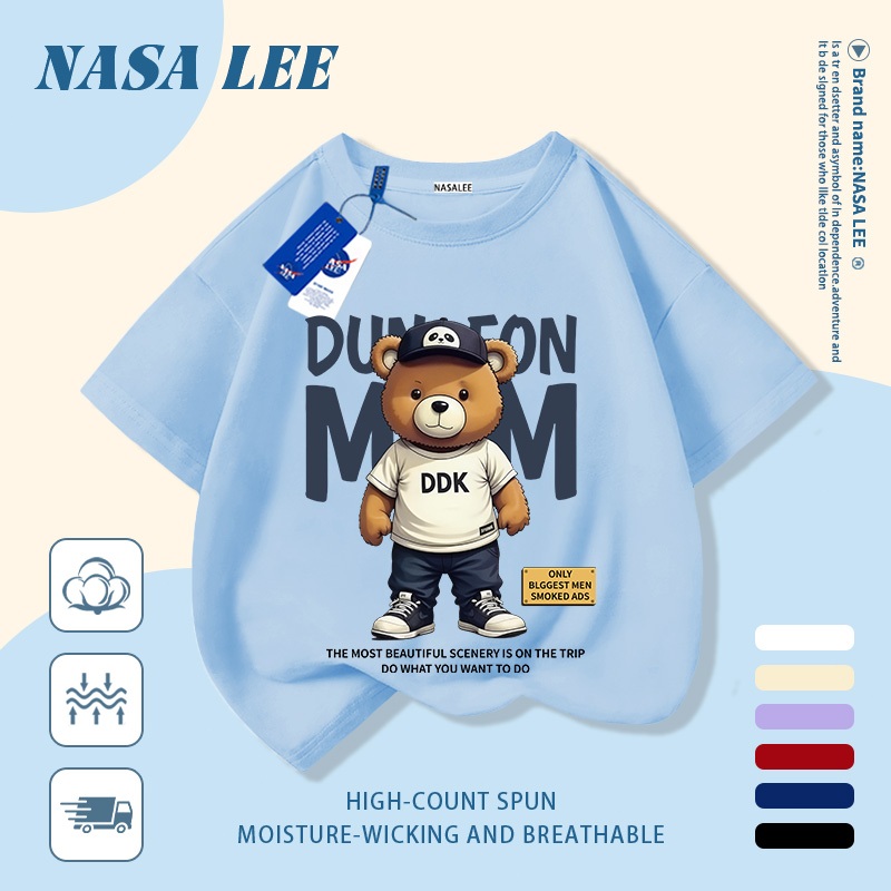 [Giao hàng trong ngày] Áo thun Cotton trắng nguyên chất thoáng khí cho trẻ em NASA Phim hoạt hình Gấu dễ thương In hợp thời trang 3-16 tuổi Bé trai bé gái tay ngắn thông thường
