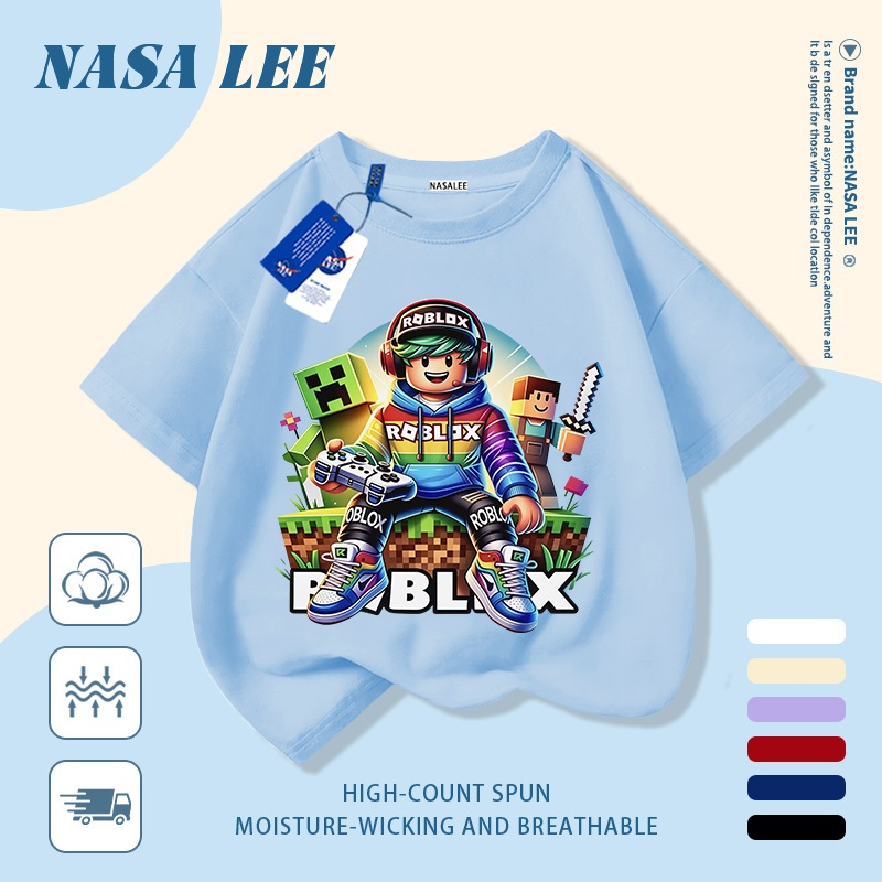 [Giao hàng trong ngày] Áo thun Cotton trắng nguyên chất thoáng khí cho trẻ em NASA Phim hoạt hình Khối xây dựng dễ thương Người đàn ông in hợp thời trang 3-16 tuổi Bé trai bé gái tay ngắn thông thường