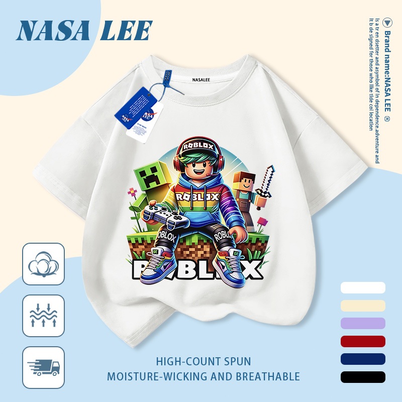 [Giao hàng trong ngày] Áo thun Cotton trắng nguyên chất thoáng khí cho trẻ em NASA Phim hoạt hình Khối xây dựng dễ thương Người đàn ông in hợp thời trang 3-16 tuổi Bé trai bé gái tay ngắn thông thường