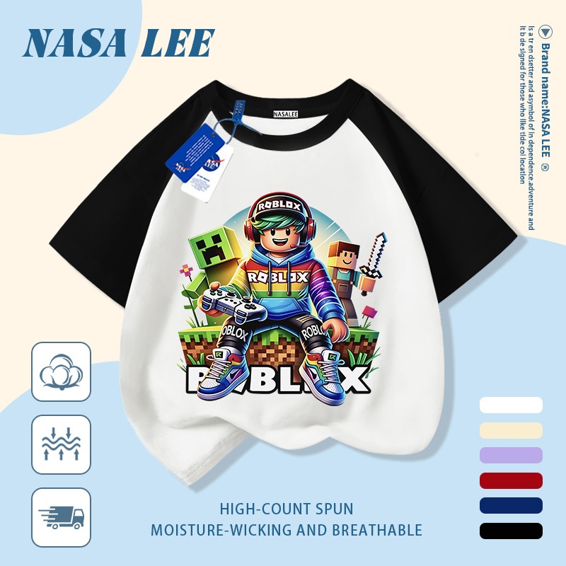 [Giao hàng trong ngày] Áo thun Cotton trắng nguyên chất thoáng khí cho trẻ em NASA Phim hoạt hình Khối xây dựng dễ thương Người đàn ông in hợp thời trang 3-16 tuổi Bé trai bé gái tay ngắn thông thường
