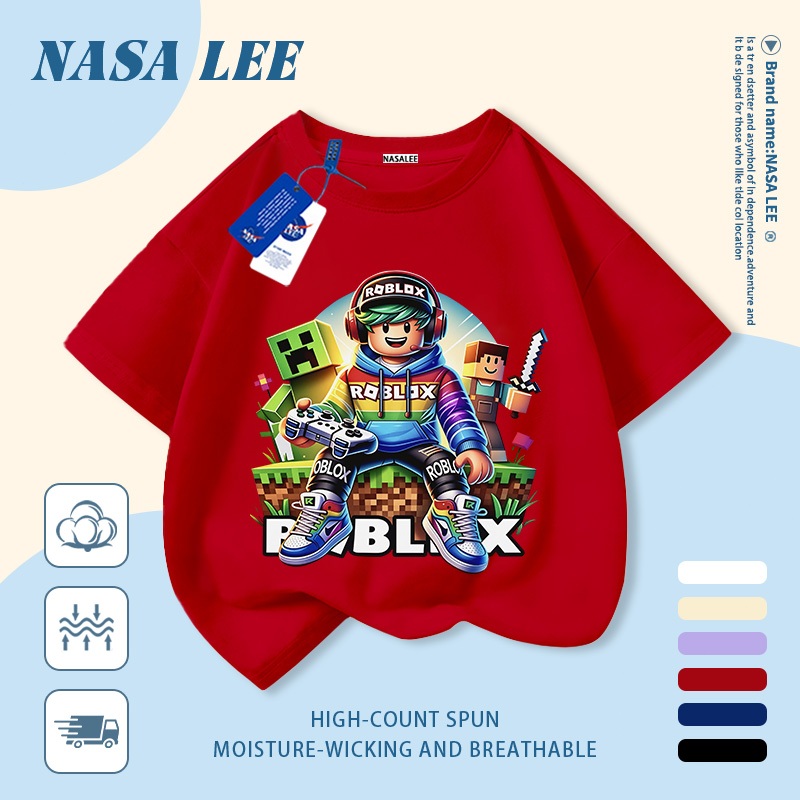 [Giao hàng trong ngày] Áo thun Cotton trắng nguyên chất thoáng khí cho trẻ em NASA Phim hoạt hình Khối xây dựng dễ thương Người đàn ông in hợp thời trang 3-16 tuổi Bé trai bé gái tay ngắn thông thường