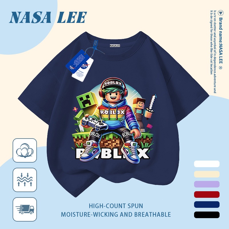 [Giao hàng trong ngày] Áo thun Cotton trắng nguyên chất thoáng khí cho trẻ em NASA Phim hoạt hình Khối xây dựng dễ thương Người đàn ông in hợp thời trang 3-16 tuổi Bé trai bé gái tay ngắn thông thường