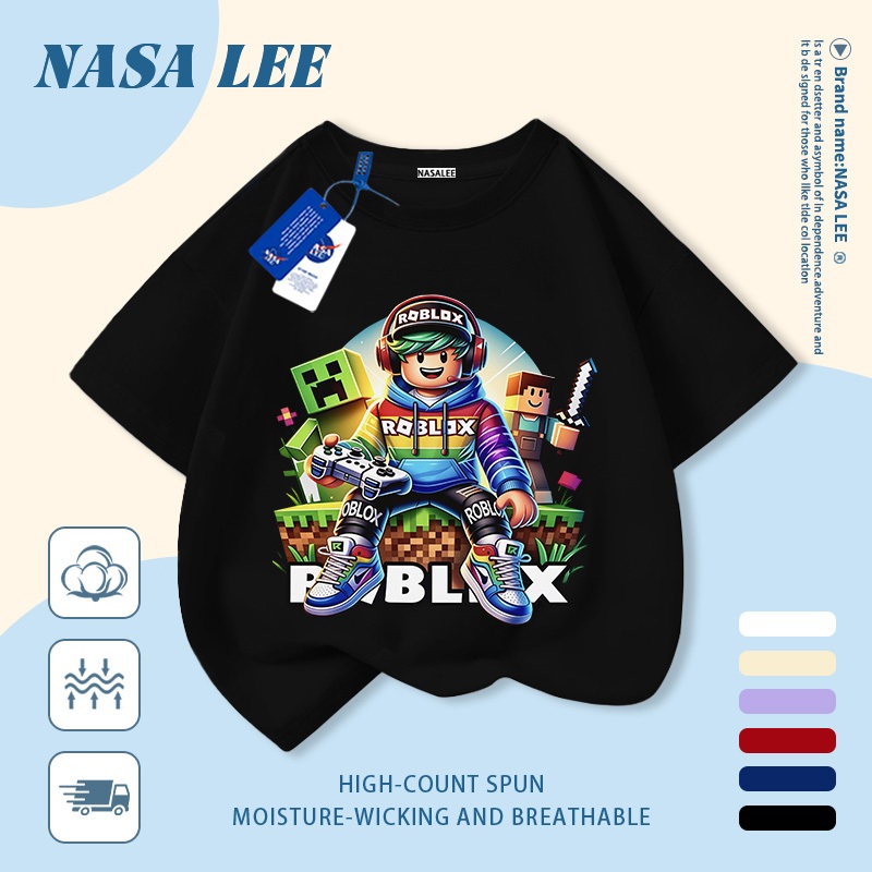 [Giao hàng trong ngày] Áo thun Cotton trắng nguyên chất thoáng khí cho trẻ em NASA Phim hoạt hình Khối xây dựng dễ thương Người đàn ông in hợp thời trang 3-16 tuổi Bé trai bé gái tay ngắn thông thường