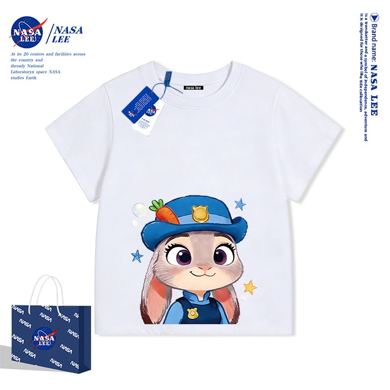 Hợp tác Zootopia - Họa tiết Thỏ Judy Cảnh sát trên nền sọc cầu vồng - Áo thun ngắn tay trẻ em thoải mái - Mùa hè mới