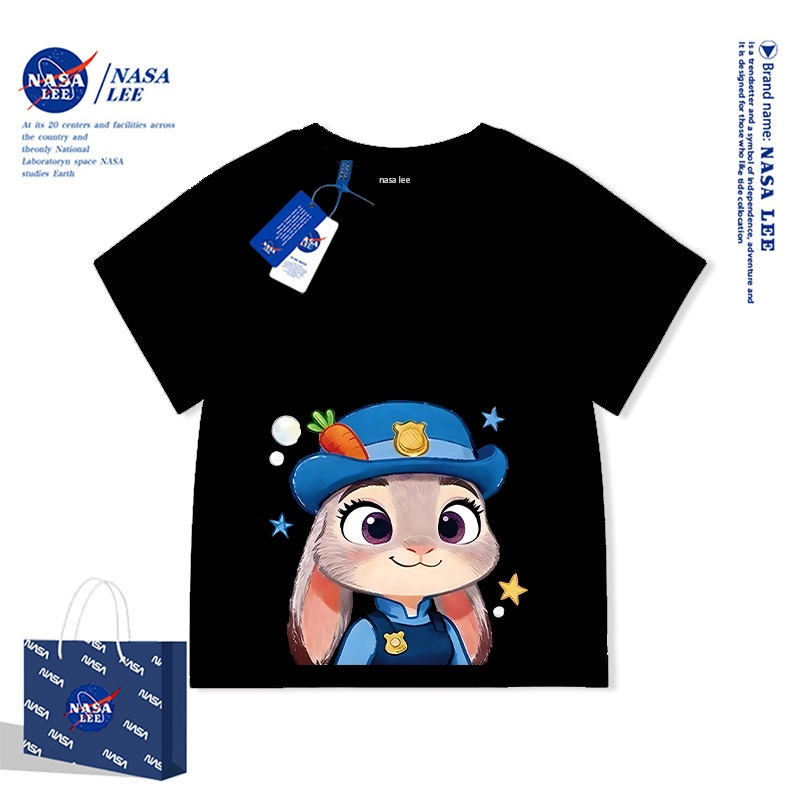 Hợp tác Zootopia - Họa tiết Thỏ Judy Cảnh sát trên nền sọc cầu vồng - Áo thun ngắn tay trẻ em thoải mái - Mùa hè mới