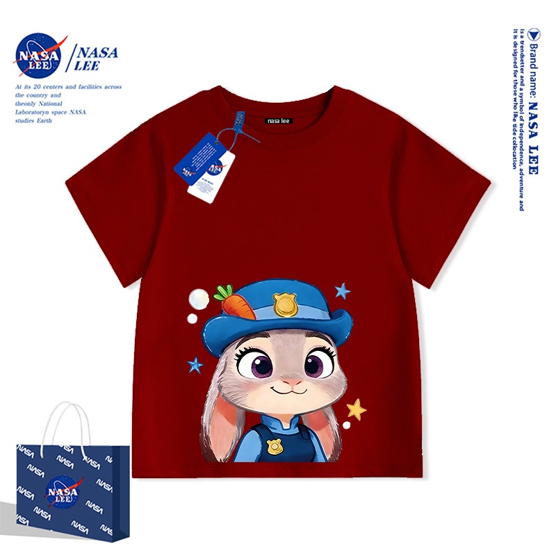 Hợp tác Zootopia - Họa tiết Thỏ Judy Cảnh sát trên nền sọc cầu vồng - Áo thun ngắn tay trẻ em thoải mái - Mùa hè mới