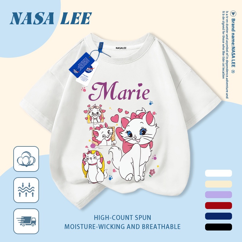 [Giao hàng trong ngày] Áo thun Cotton nguyên chất màu trắng cho trẻ em NASA Phim hoạt hình dễ thương Nơ mèo in hợp thời trang 3-16 tuổi Bé trai bé gái tay ngắn thông thường