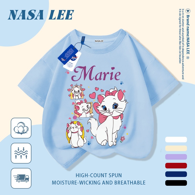 [Giao hàng trong ngày] Áo thun Cotton nguyên chất màu trắng cho trẻ em NASA Phim hoạt hình dễ thương Nơ mèo in hợp thời trang 3-16 tuổi Bé trai bé gái tay ngắn thông thường