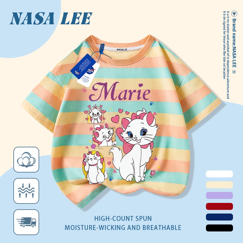 [Giao hàng trong ngày] Áo thun Cotton nguyên chất màu trắng cho trẻ em NASA Phim hoạt hình dễ thương Nơ mèo in hợp thời trang 3-16 tuổi Bé trai bé gái tay ngắn thông thường