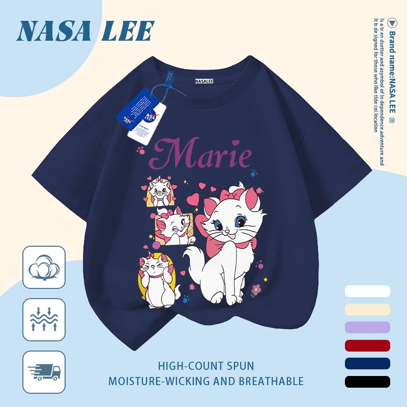 [Giao hàng trong ngày] Áo thun Cotton nguyên chất màu trắng cho trẻ em NASA Phim hoạt hình dễ thương Nơ mèo in hợp thời trang 3-16 tuổi Bé trai bé gái tay ngắn thông thường
