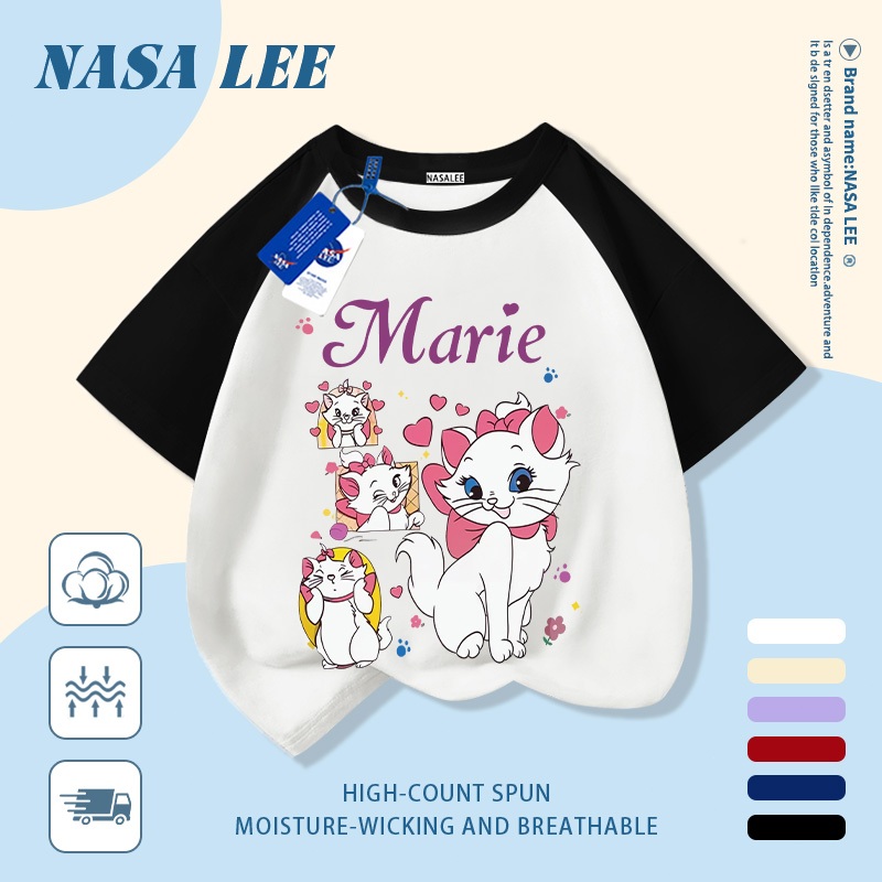 [Giao hàng trong ngày] Áo thun Cotton nguyên chất màu trắng cho trẻ em NASA Phim hoạt hình dễ thương Nơ mèo in hợp thời trang 3-16 tuổi Bé trai bé gái tay ngắn thông thường