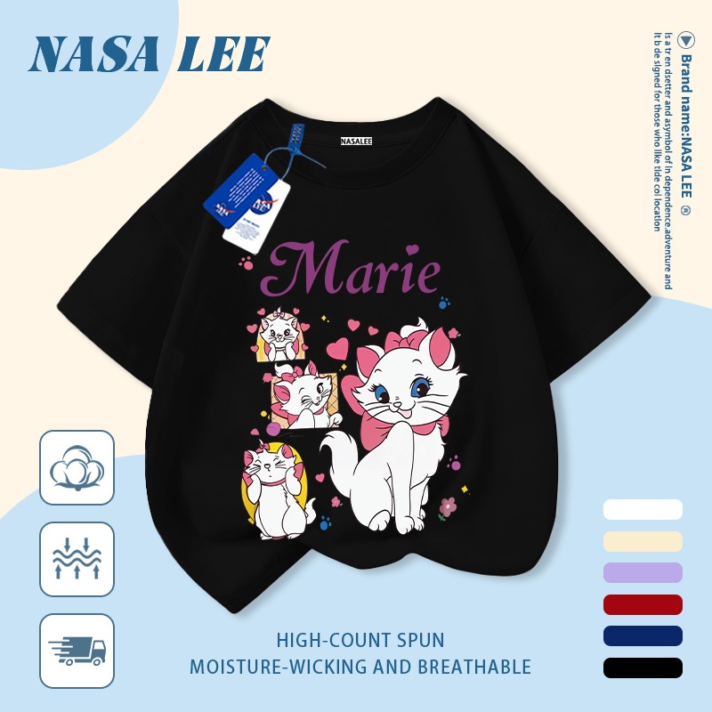 [Giao hàng trong ngày] Áo thun Cotton nguyên chất màu trắng cho trẻ em NASA Phim hoạt hình dễ thương Nơ mèo in hợp thời trang 3-16 tuổi Bé trai bé gái tay ngắn thông thường