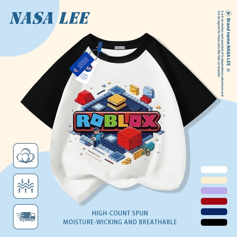 [Giao hàng trong ngày] Áo thun Cotton nguyên chất màu xanh hải quân cho trẻ em NASA Áo thun Cotton thoáng khí hoạt hình dễ thương in hợp thời trang 3-16 tuổi bé trai bé gái tay ngắn thông thường