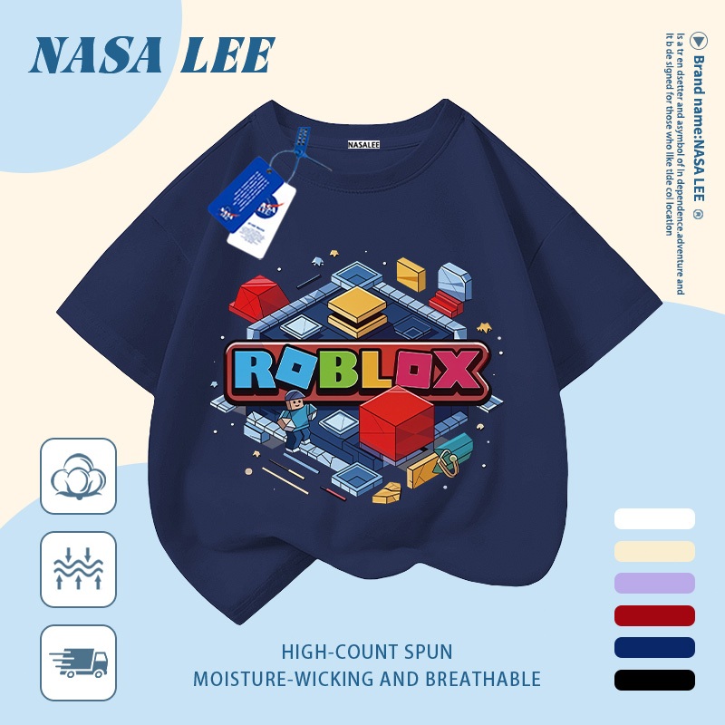 [Giao hàng trong ngày] Áo thun Cotton nguyên chất màu xanh hải quân cho trẻ em NASA Áo thun Cotton thoáng khí hoạt hình dễ thương in hợp thời trang 3-16 tuổi bé trai bé gái tay ngắn thông thường
