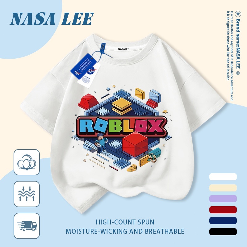 [Giao hàng trong ngày] Áo thun Cotton nguyên chất màu xanh hải quân cho trẻ em NASA Áo thun Cotton thoáng khí hoạt hình dễ thương in hợp thời trang 3-16 tuổi bé trai bé gái tay ngắn thông thường