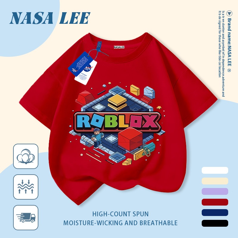 [Giao hàng trong ngày] Áo thun Cotton nguyên chất màu xanh hải quân cho trẻ em NASA Áo thun Cotton thoáng khí hoạt hình dễ thương in hợp thời trang 3-16 tuổi bé trai bé gái tay ngắn thông thường