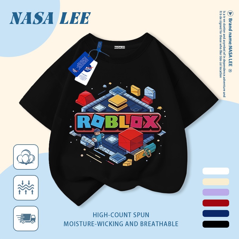 [Giao hàng trong ngày] Áo thun Cotton nguyên chất màu xanh hải quân cho trẻ em NASA Áo thun Cotton thoáng khí hoạt hình dễ thương in hợp thời trang 3-16 tuổi bé trai bé gái tay ngắn thông thường